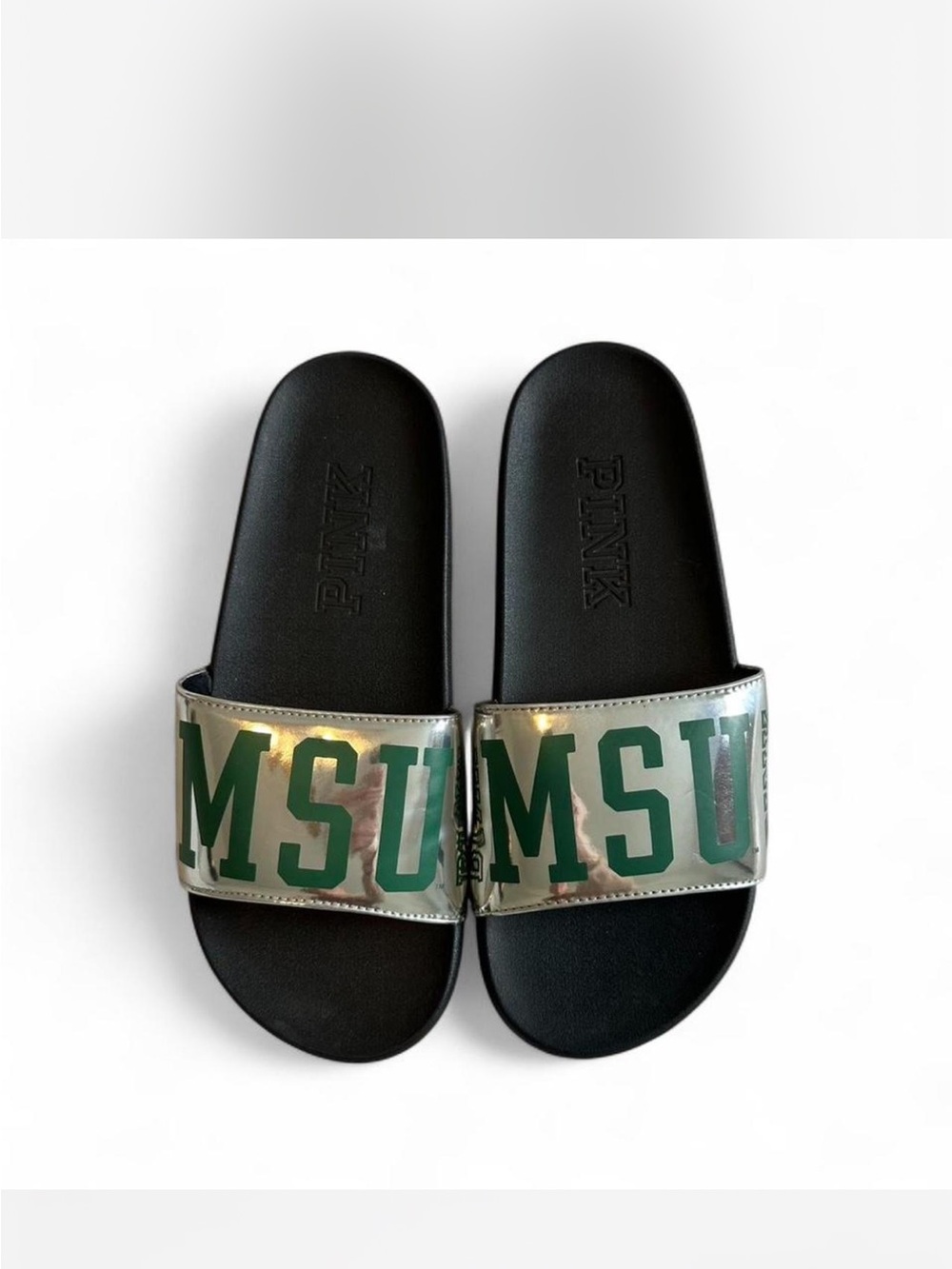 PINK Metallic Silver Slide Sandals with Green MSU Logo